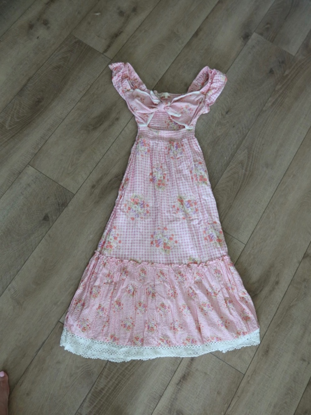 LoveShackFancy Pink Gingham Floral Maxi Dress — Size XS